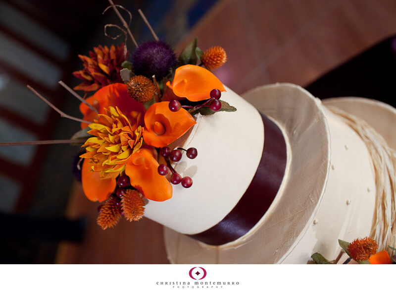 Fall wedding cake with fall flowers and purple ribbon Blooms Florist Bethel Bakery Shayla Hawkins Events