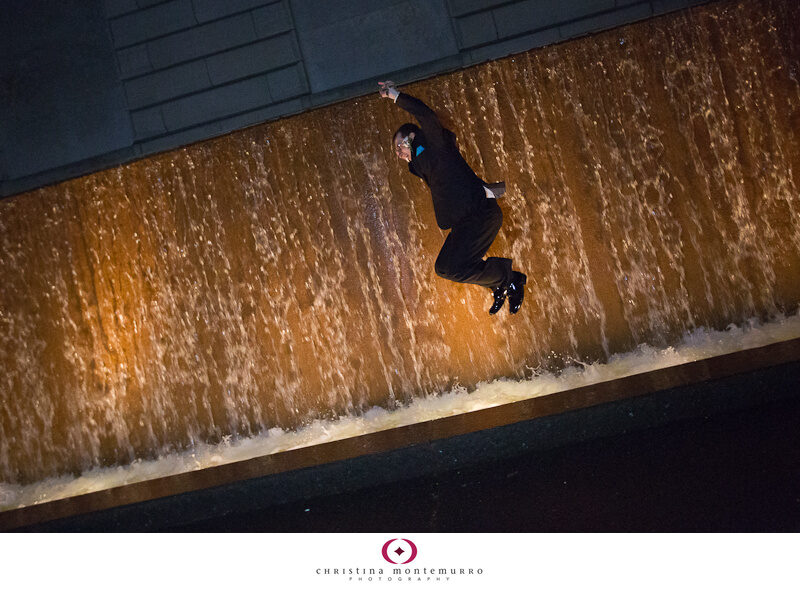 Groom jumped in the Carnegie Museum Fountain Wedding Photos Pittsburgh