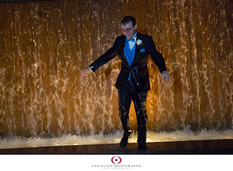 Groom jumped in the Carnegie Museum Fountain Wedding Photos Pittsburgh