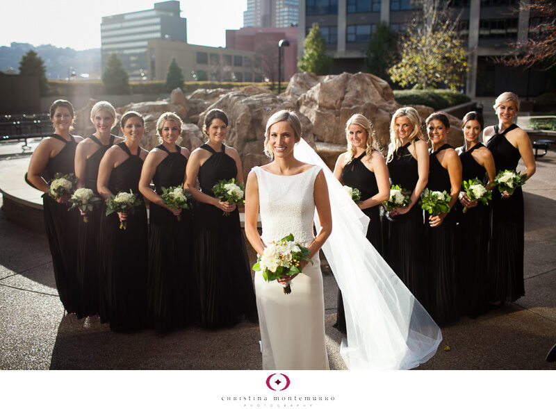 Laura Andrew Chatham Center Bride and Bridesmaids Black Bridesmaid Dresses white and green bouquetsPittsburgh Wedding Photography