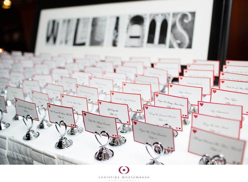 Black Red Wedding Details, red and white escort cards