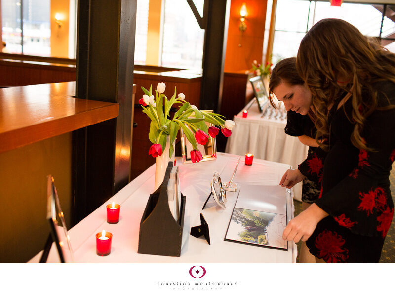 Black Red Wedding Details, guestbook, red votive candle holders, red and white tulips, Mocha Rose, Sheraton Station Square Pittsburgh