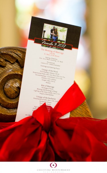 Black Red Wedding Details - black, white and red wedding program with red pew bow