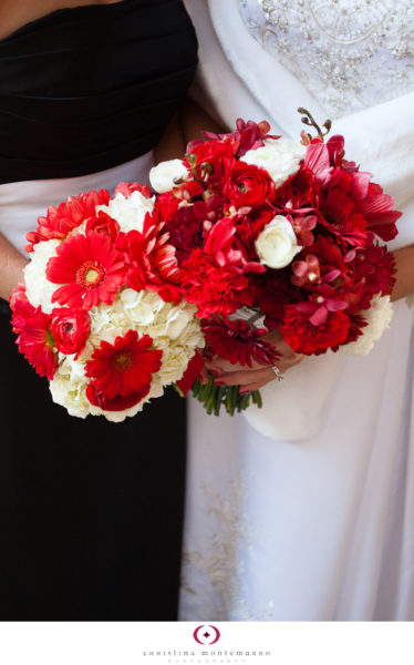 Black Red Wedding Details - red and white daisy, rose, hydrangea, carnation bouquets