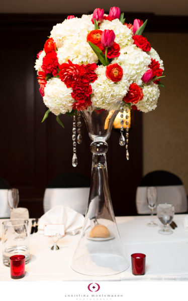 Black White Red Wedding Details - Red Votive Candle Holders, Tall White Hydrangea Red Tulips Centerpiece, Sheraton Station Square Pittsburgh, Mocha Rose