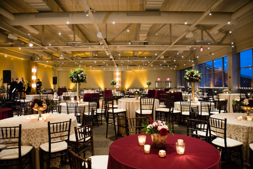 Mueller Center 5th Floor Heinz History Center with Brown Chiavari Chairs, Burgundy and Champagne Linens, Tall and Low Centerpieces by Blue Daisy Floral Deisgns