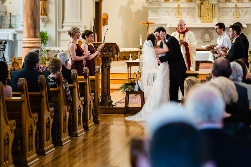 Bride and Groom First Kiss at Seton Hill University Wedding